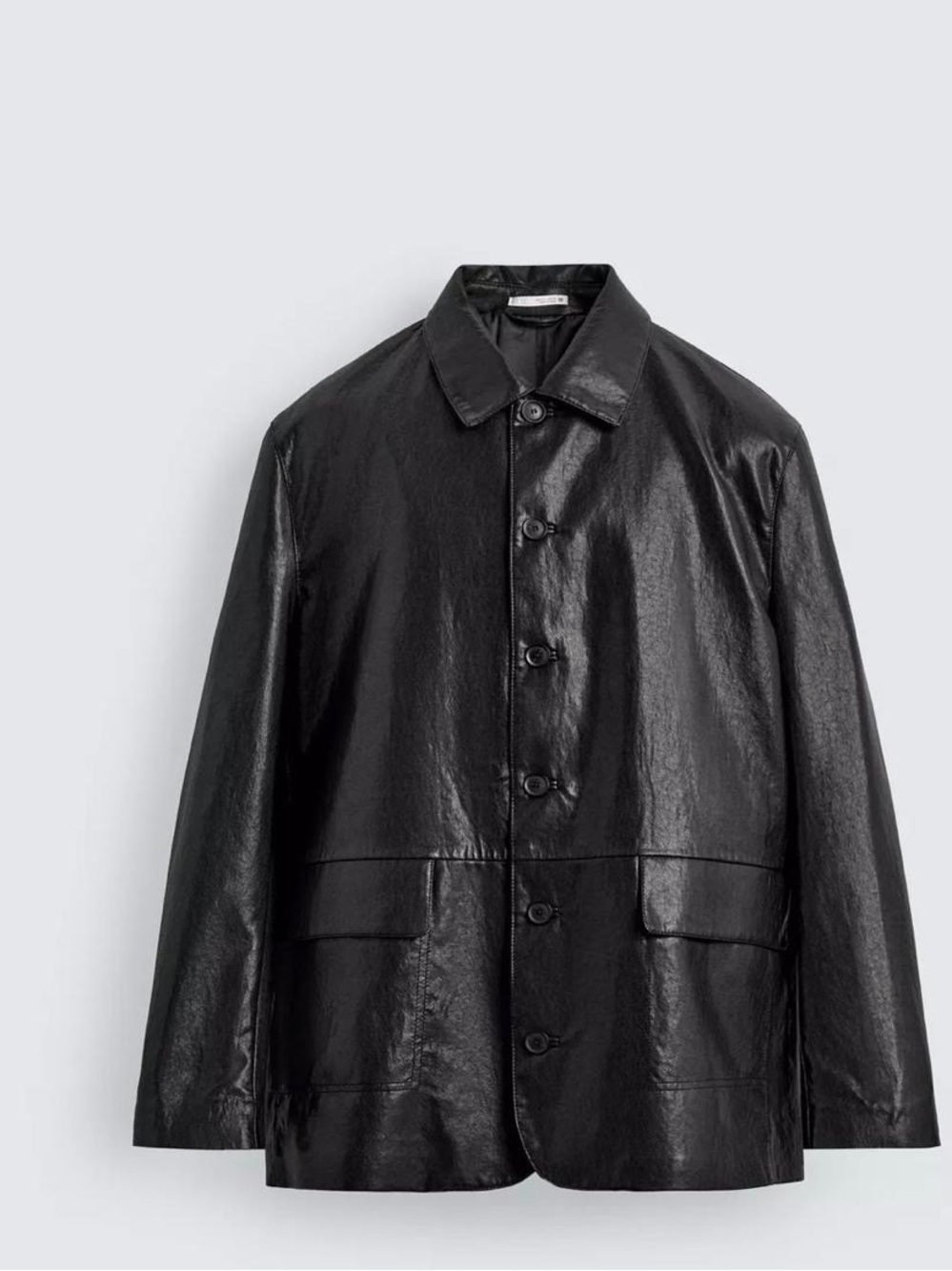 Zara Black Shiny Faux Leather Button Raincoat